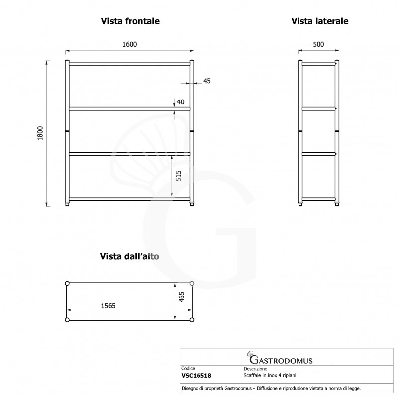 Scaffale acciaio inox 4 ripiani L 1600 x P 500 x H 1800 mm