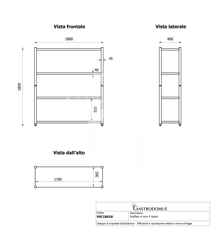Scaffale acciaio inox 4 ripiani L 1800 x P 400 x H 1800 mm
