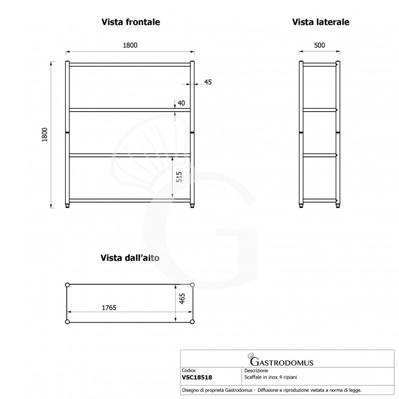 Scaffale acciaio inox 4 ripiani L 1800 x P 500 x H 1800 mm