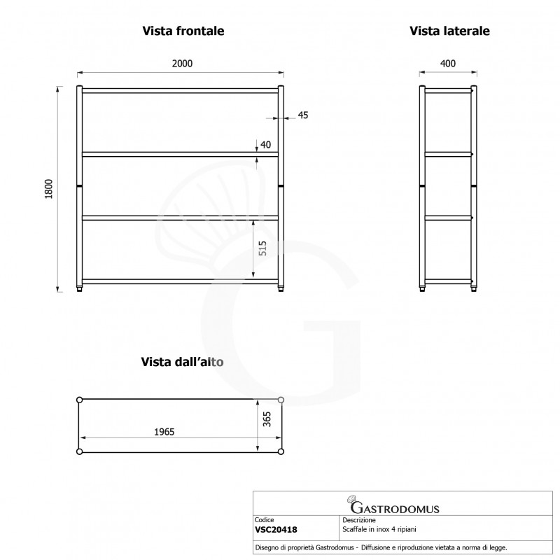 Scaffale acciaio inox 4 ripiani L 2000 x P 400 x H 1800 mm
