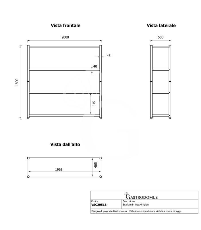 Scaffale acciaio inox 4 ripiani L 2000 x P 500 x H 1800 mm