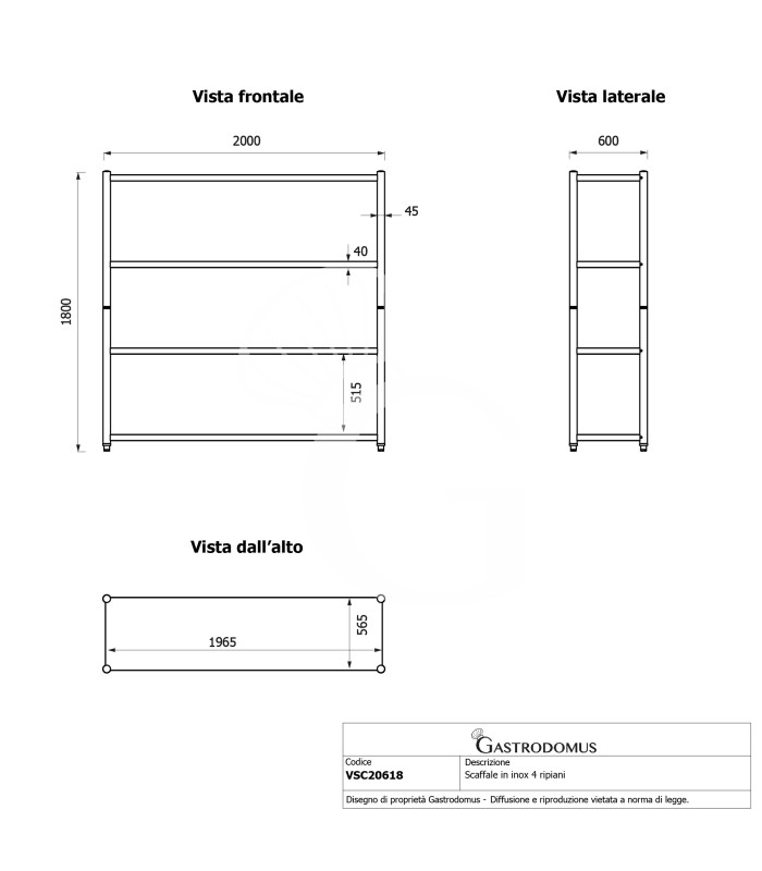 Scaffale acciaio inox 4 ripiani L 2000 x P 600 x H 1800 mm