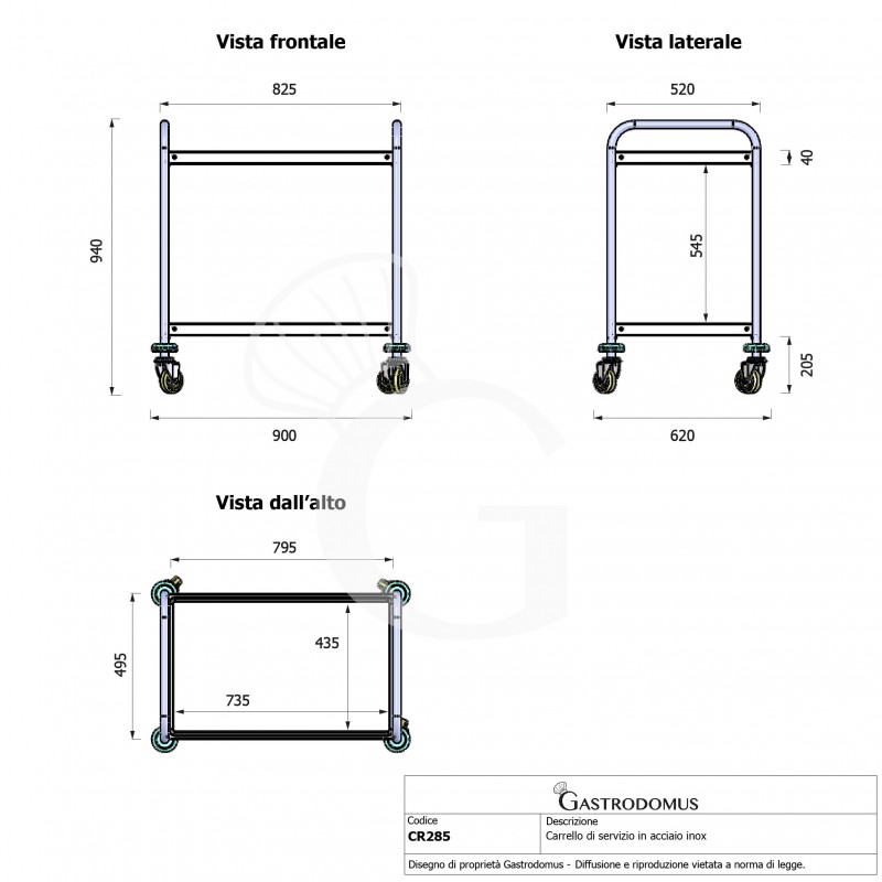 Carrello di servizio in acciaio inox con 2 piani L 900 x P 620 x H 940 mm
