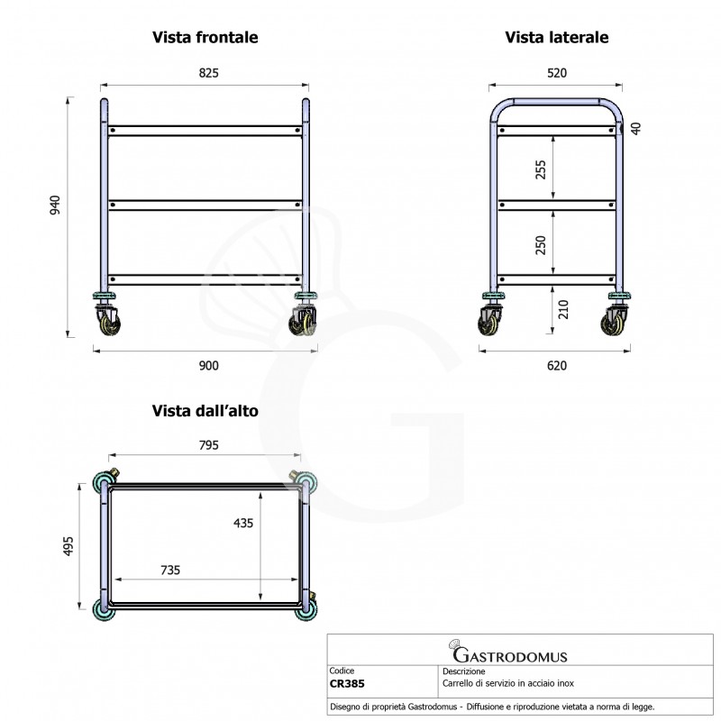Carrello di servizio in acciaio inox con 3 piani L 900 x P 620 x H 940 mm