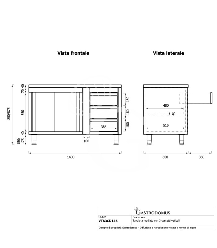 Tavolo armadiato,porte scorrevoli,3 cassetti a destra, L1400 x P600 x H850mm