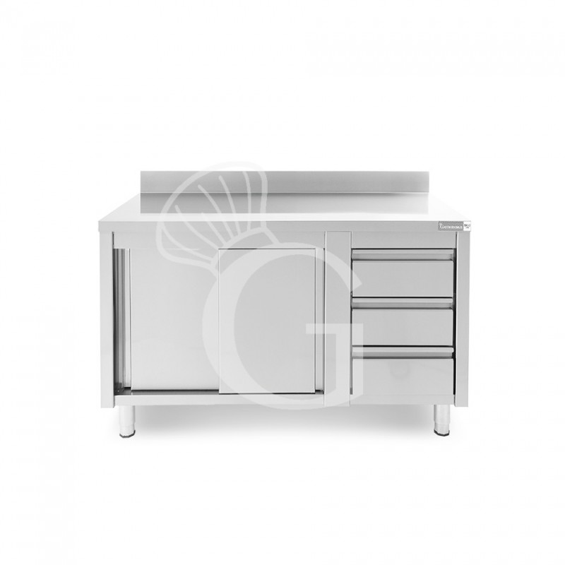 Tavolo armadiato, porte scorrevoli,3 cassetti a destra, alzatina, L1400 x P600 x H950mm