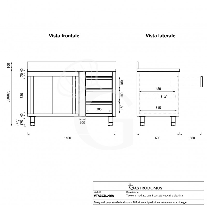 Tavolo armadiato, porte scorrevoli,3 cassetti a destra, alzatina, L1400 x P600 x H950mm