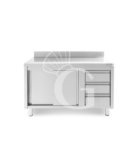 Tavolo armadiato, porte scorrevoli,3 cassetti a destra, alzatina, L1400 x P700 x H950mm