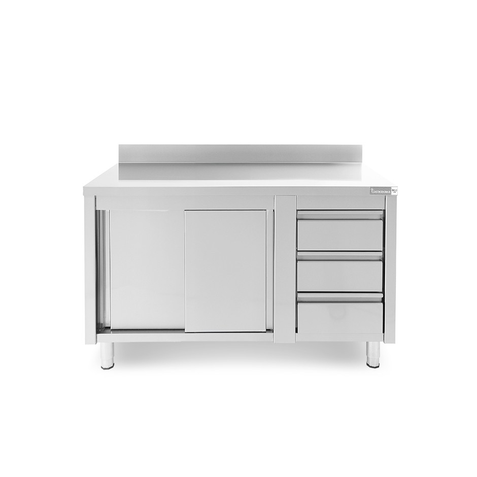 Tavolo armadiato, porte scorrevoli,3 cassetti a destra, alzatina, L1400 x P700 x H950mm