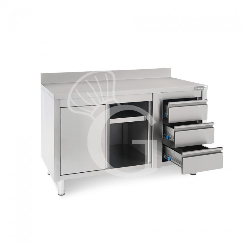 Tavolo armadiato, porte scorrevoli,3 cassetti a destra, alzatina, L1400 x P700 x H950mm