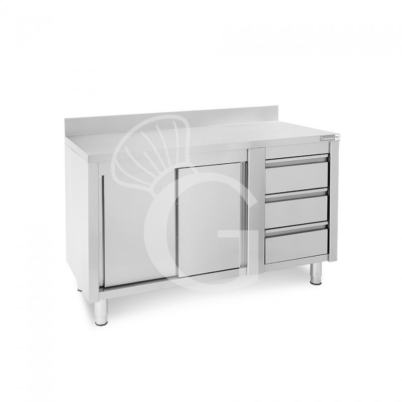 Tavolo armadiato, porte scorrevoli,3 cassetti a destra, alzatina, L1400 x P700 x H950mm