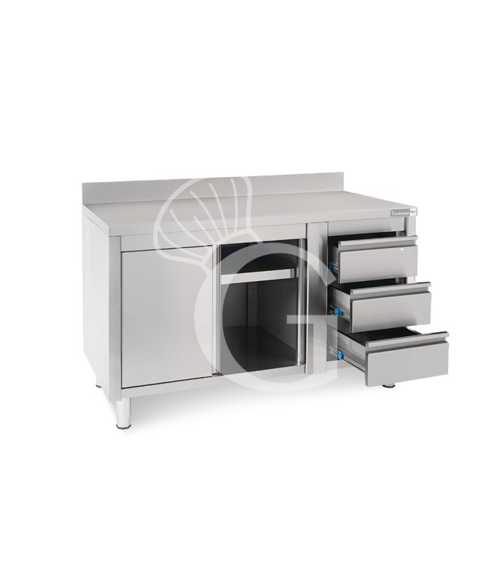 Tavolo armadiato, porte scorrevoli,3 cassetti a destra, alzatina, L1500 x P600 x H950mm
