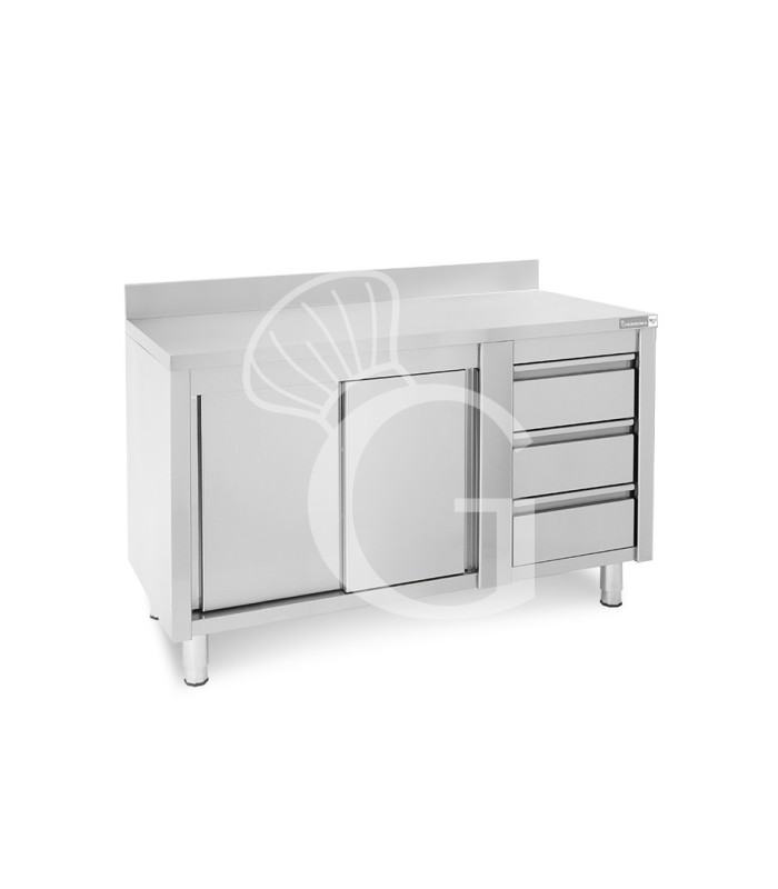 Tavolo armadiato, porte scorrevoli,3 cassetti a destra, alzatina, L1500 x P600 x H950mm