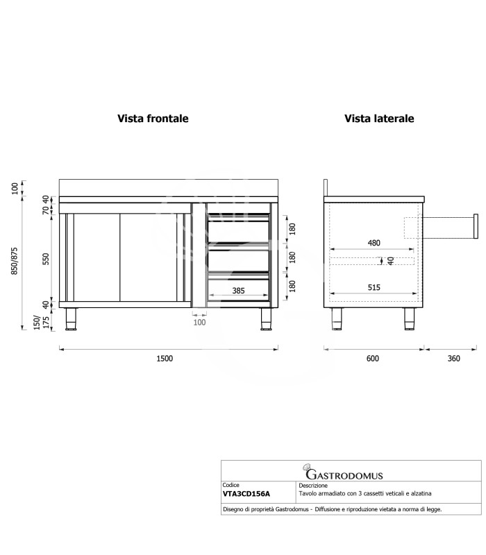 Tavolo armadiato, porte scorrevoli,3 cassetti a destra, alzatina, L1500 x P600 x H950mm