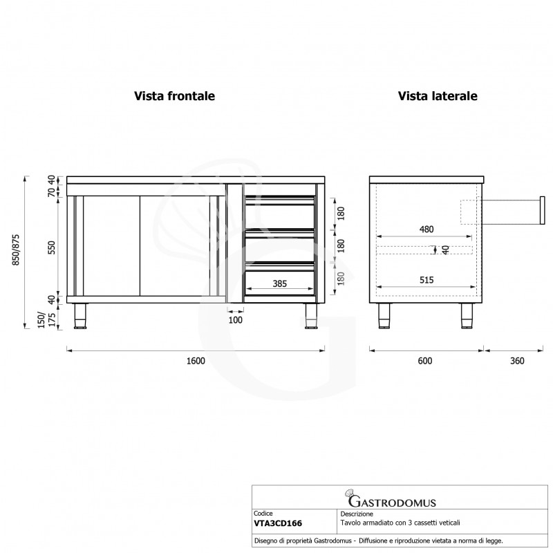 Tavolo armadiato,porte scorrevoli,3 cassetti a destra, L1600 x P600 x H850mm