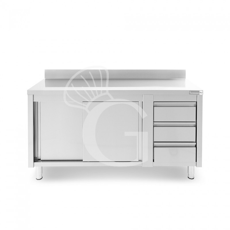 Tavolo armadiato, porte scorrevoli,3 cassetti a destra, alzatina, L1600 x P600 x H950mm