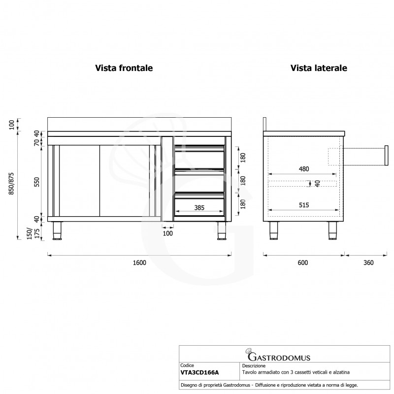 Tavolo armadiato, porte scorrevoli,3 cassetti a destra, alzatina, L1600 x P600 x H950mm