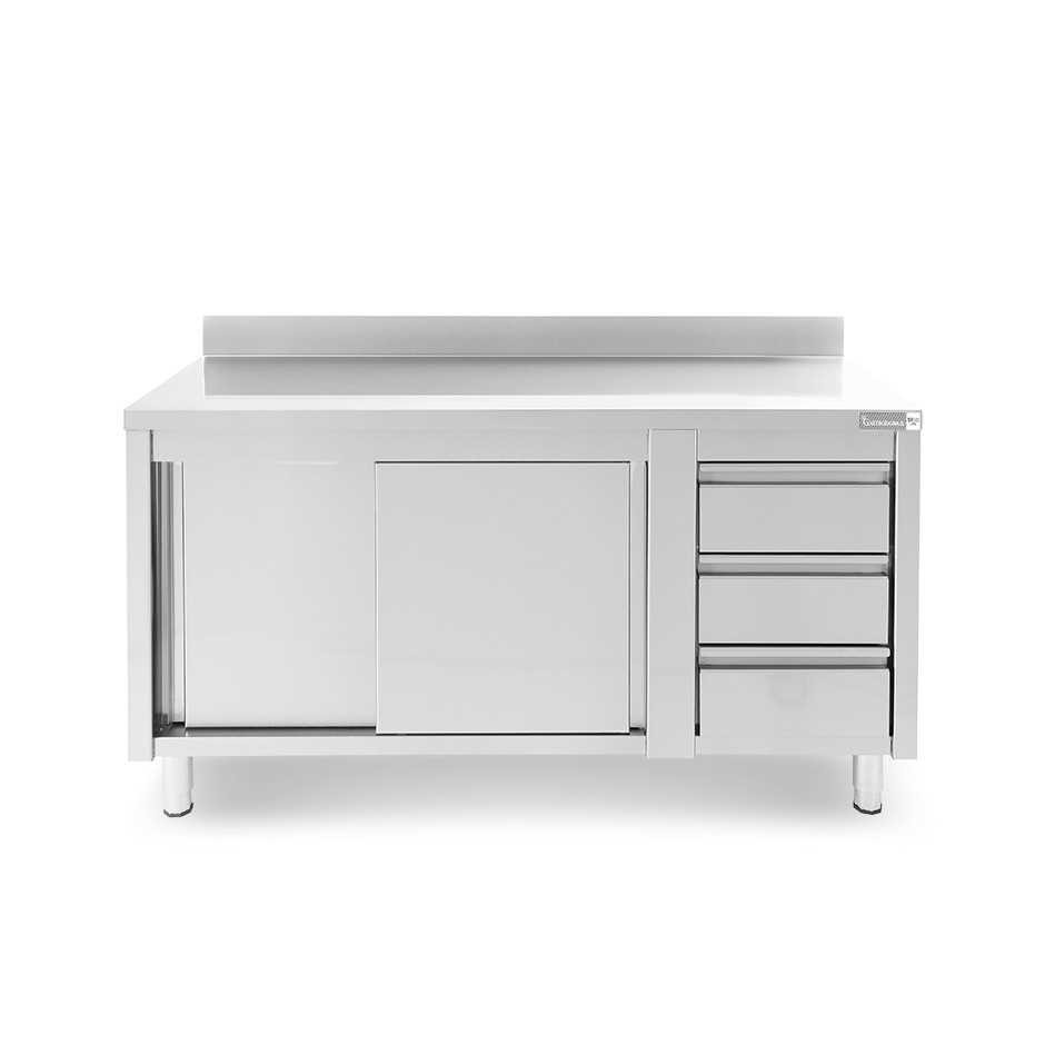 Tavolo armadiato, porte scorrevoli,3 cassetti a destra, alzatina, L1800 x P700 x H950mm