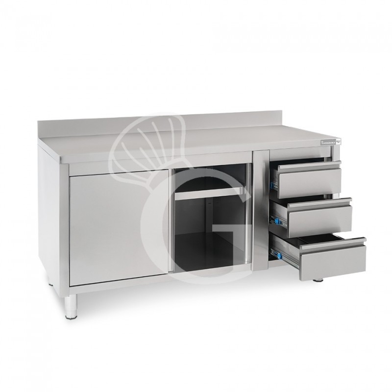 Tavolo armadiato, porte scorrevoli,3 cassetti a destra, alzatina, L1800 x P700 x H950mm