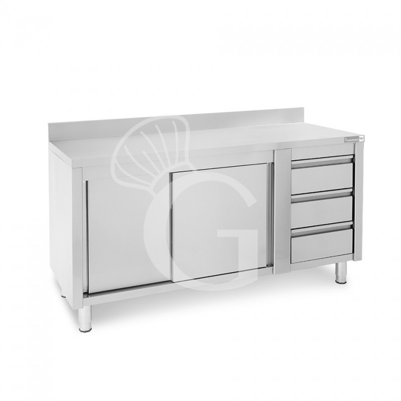Tavolo armadiato, porte scorrevoli,3 cassetti a destra, alzatina, L1800 x P700 x H950mm