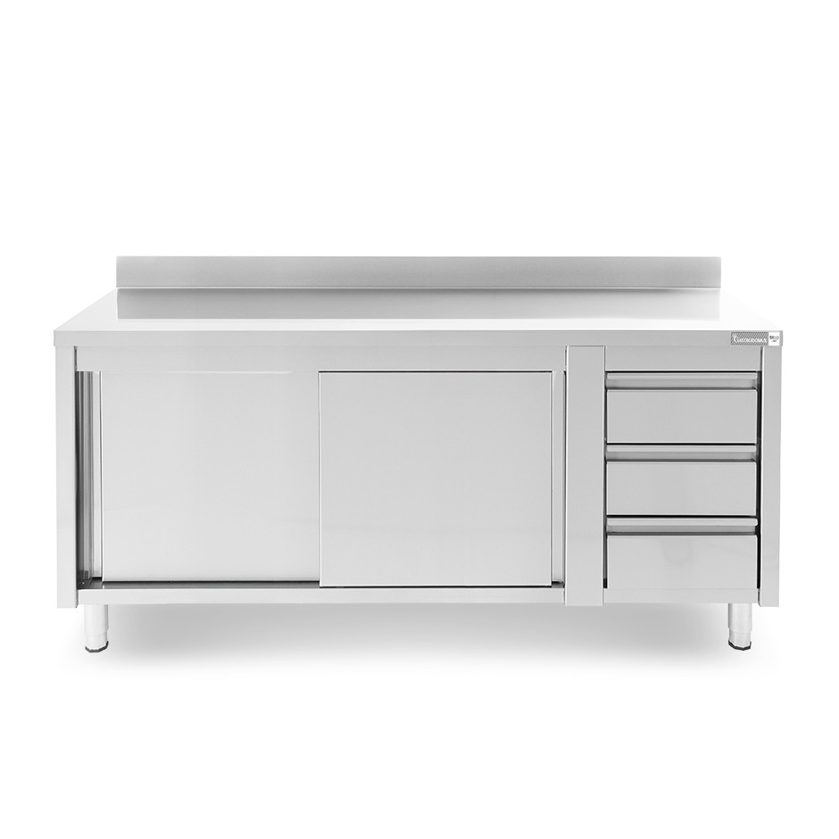 Tavolo armadiato, porte scorrevoli,3 cassetti a destra, alzatina, L2000 x P600 x H950mm