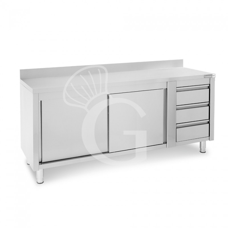 Tavolo armadiato, porte scorrevoli,3 cassetti a destra, alzatina, L2000 x P600 x H950mm