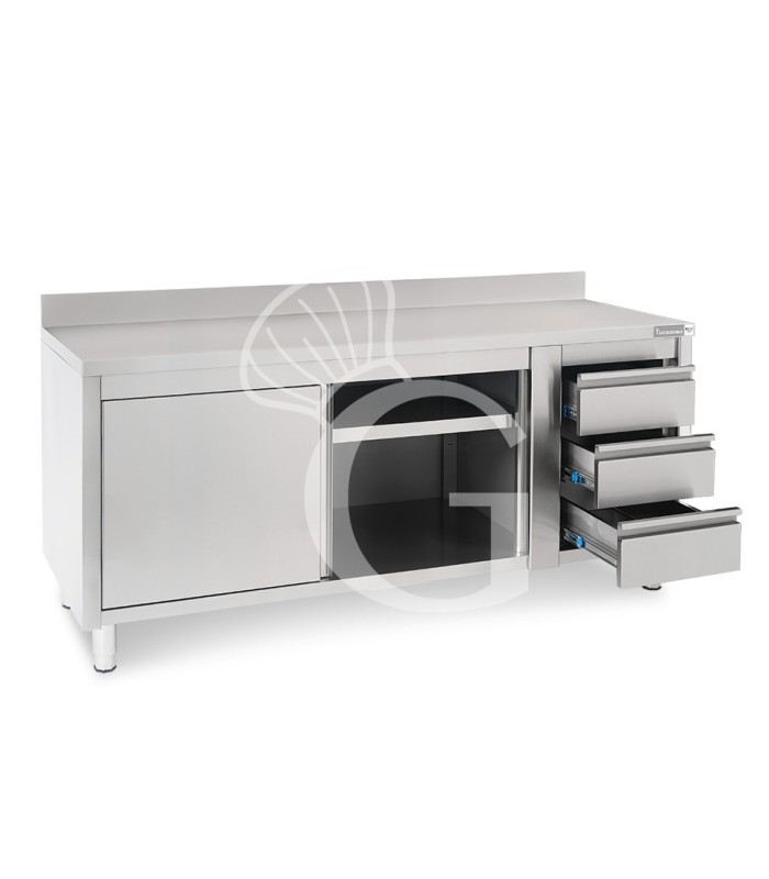 Tavolo armadiato, porte scorrevoli,3 cassetti a destra, alzatina, L2000 x P700 x H950mm