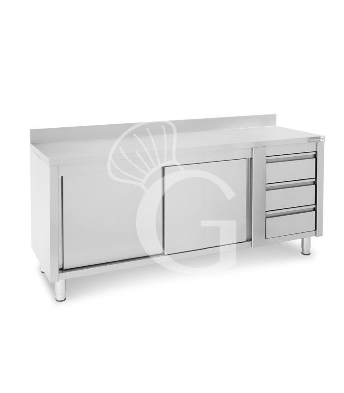 Tavolo armadiato, porte scorrevoli,3 cassetti a destra, alzatina, L2000 x P700 x H950mm