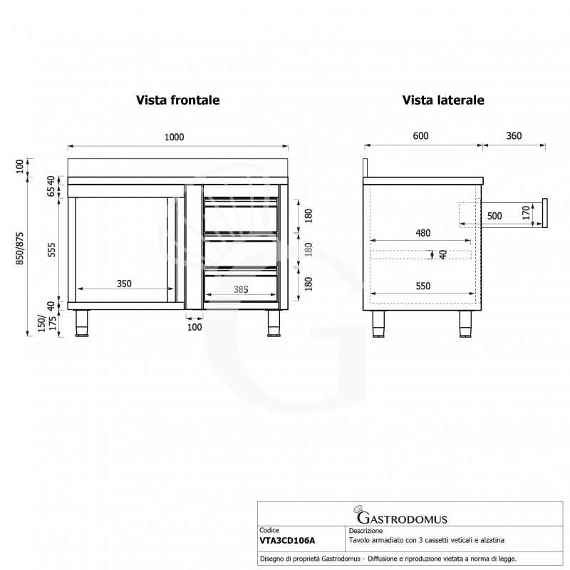 Tavolo armadiato,1 porta battente,3 cassetti a destra, alzatina, L1000 x P600 x H950mm