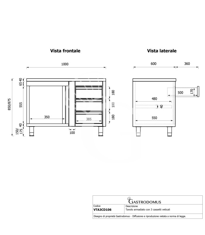 Tavolo armadiato,1 porta battente,3 cassetti a destra, L1000 x P600 x H850mm