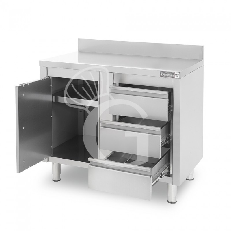 Tavolo armadiato,1 porta battente,3 cassetti a destra, alzatina, L1000 x P700 x H950mm