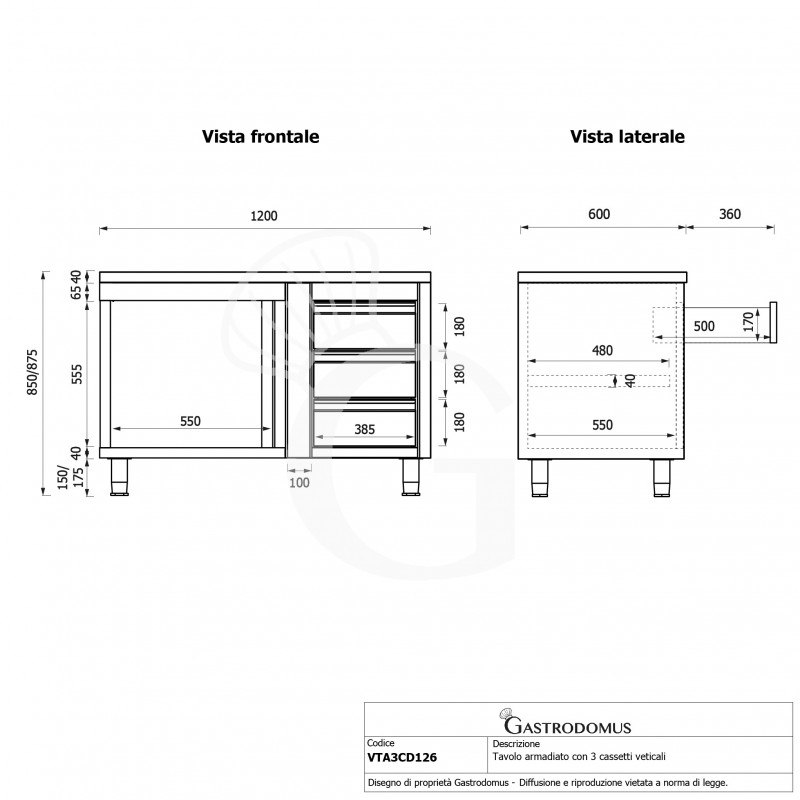 Tavolo armadiato,1 porta battente,3 cassetti a destra, L1200 x P600 x H850mm