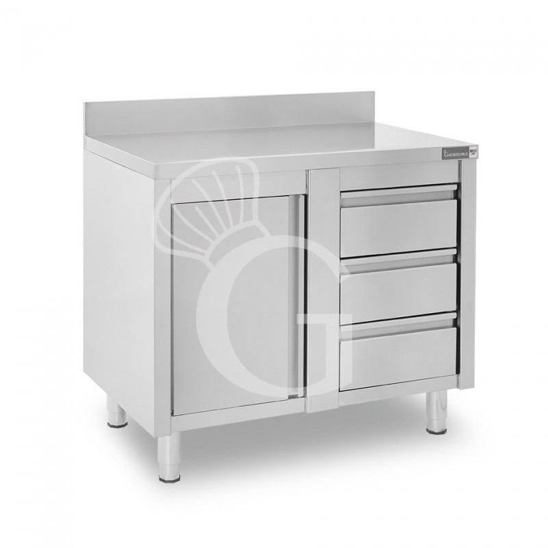 Tavolo armadiato,1 porta battente,3 cassetti a destra, alzatina, L1200 x P600 x H950mm