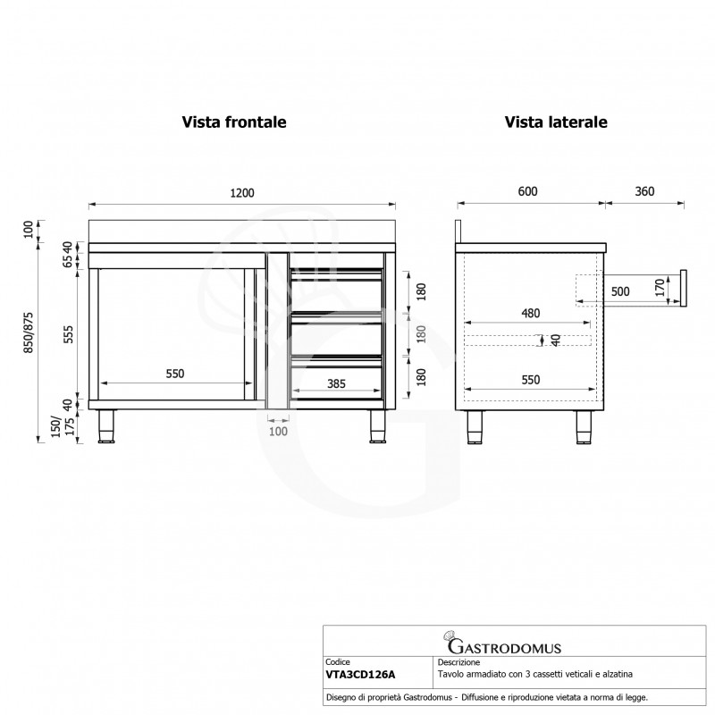 Tavolo armadiato,1 porta battente,3 cassetti a destra, alzatina, L1200 x P600 x H950mm
