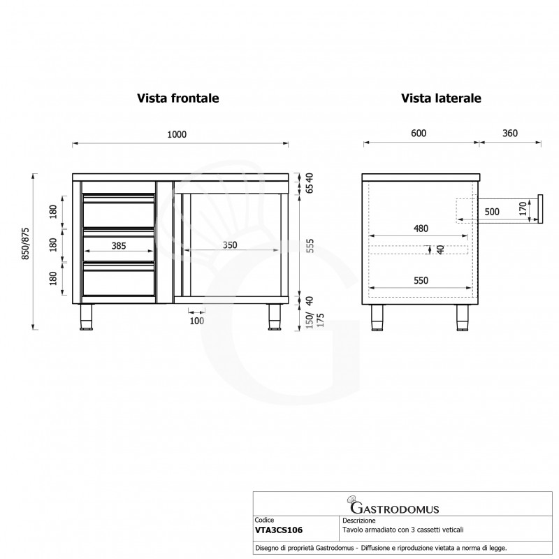 Tavolo armadiato,1 porta battente,3 cassetti a sinistra, L1000 x P600 x H850mm