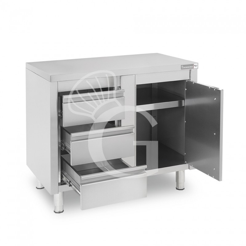 Tavolo armadiato,1 porta battente,3 cassetti a sinistra, L1000 x P700 x H850mm