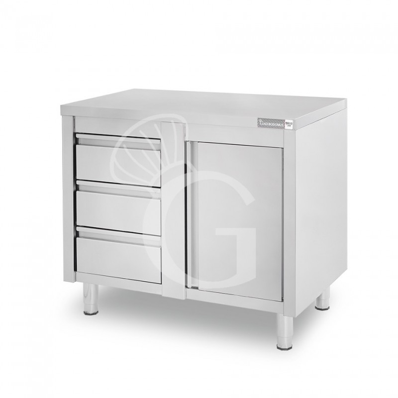 Tavolo armadiato,1 porta battente,3 cassetti a sinistra, L1000 x P700 x H850mm