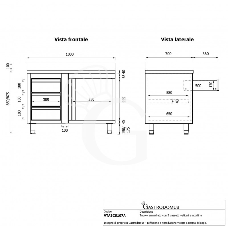 Tavolo armadiato,1 porta battente,3 cassetti a sinistra, alzatina, L1000 x P700 x H950mm
