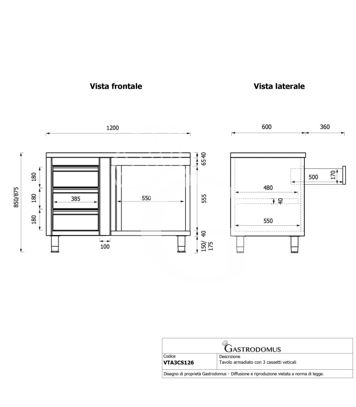 Tavolo armadiato,1 porta battente,3 cassetti a sinistra, L1200 x P600 x H850mm