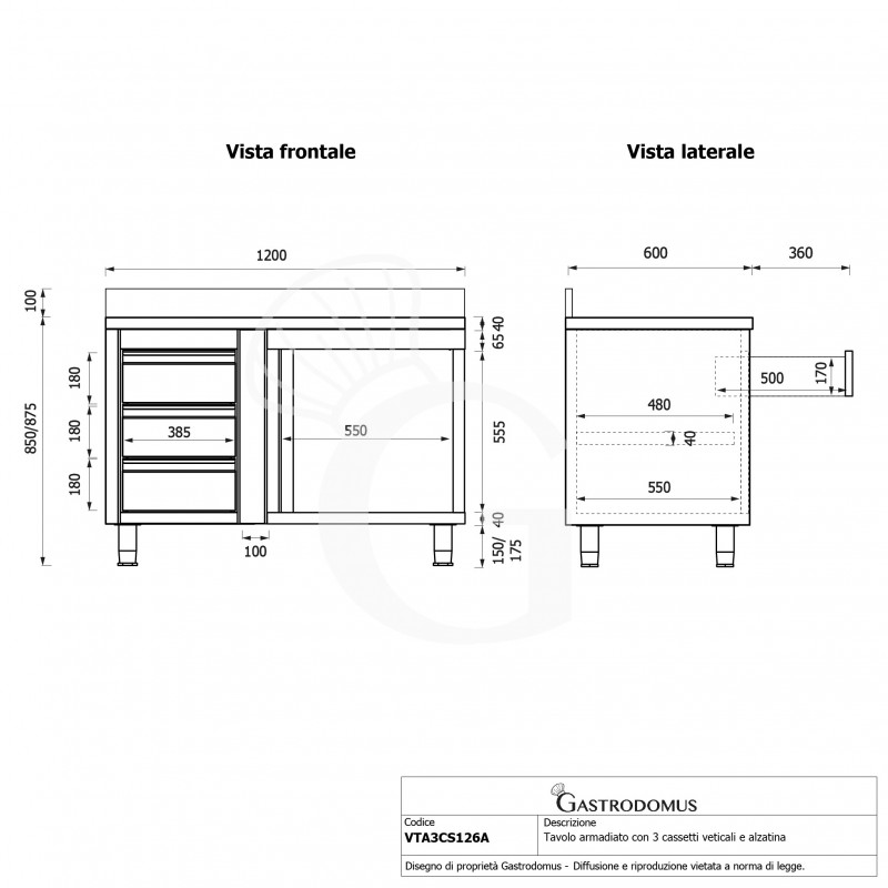 Tavolo armadiato,1 porta battente,3 cassetti a sinistra, alzatina, L1200 x P600 x H950mm