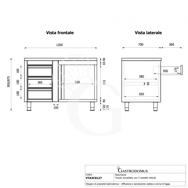 Tavolo armadiato,1 porta battente,3 cassetti a sinistra, L1200 x P700 x H850mm