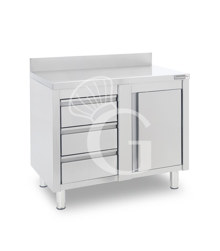 Tavolo armadiato,1 porta battente,3 cassetti a sinistra, alzatina, L1200 x P700 x H950mm