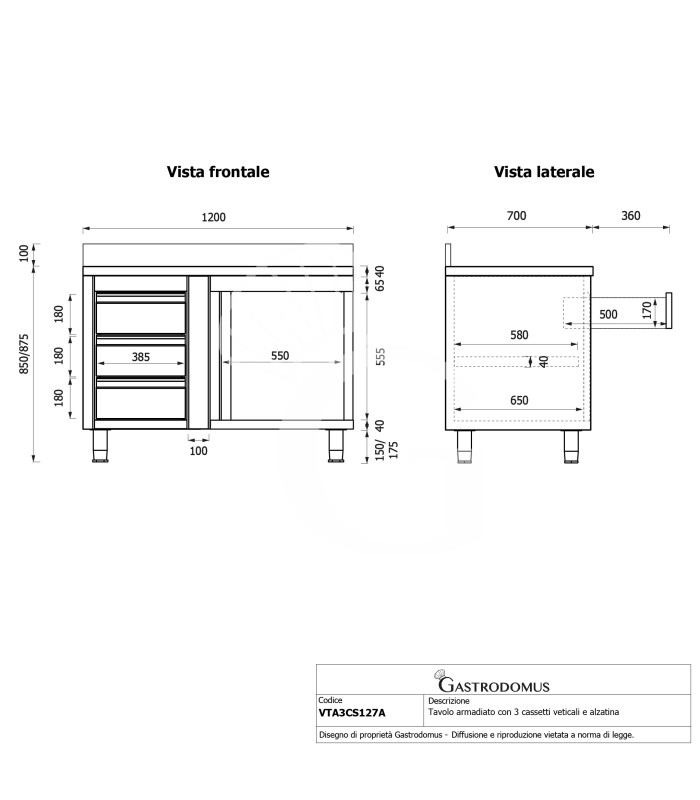 Tavolo armadiato,1 porta battente,3 cassetti a sinistra, alzatina, L1200 x P700 x H950mm