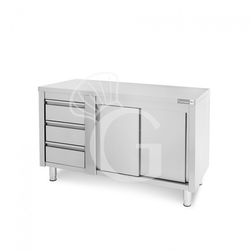 Tavolo armadiato,porte scorrevoli,3 cassetti a sinistra, L1400 x P600 x H850mm