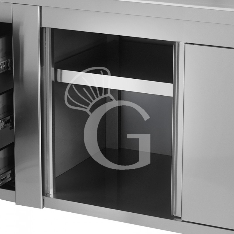 Tavolo armadiato,porte scorrevoli,3 cassetti a sinistra, L1400 x P600 x H850mm