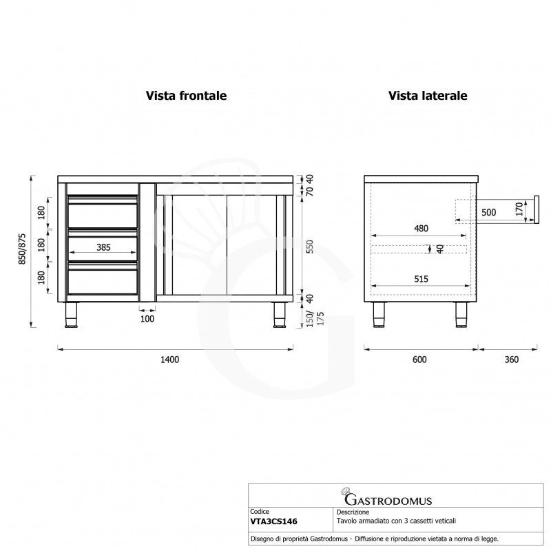 Tavolo armadiato,porte scorrevoli,3 cassetti a sinistra, L1400 x P600 x H850mm