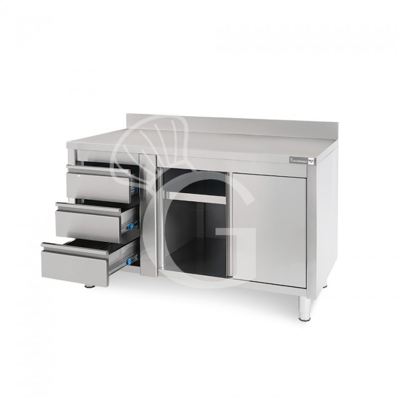 Tavolo armadiato, porte scorrevoli,3 cassetti a sinistra, alzatina, L1400 x P600 x H950mm
