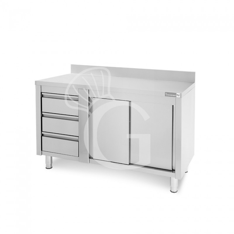 Tavolo armadiato, porte scorrevoli,3 cassetti a sinistra, alzatina, L1400 x P600 x H950mm
