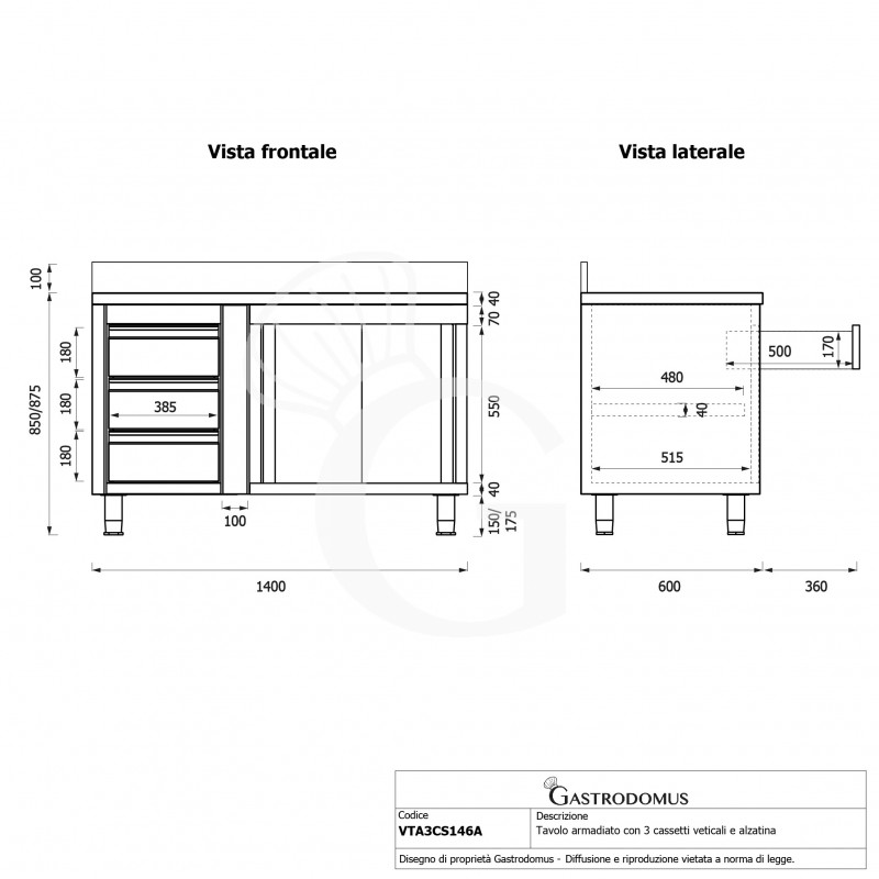 Tavolo armadiato, porte scorrevoli,3 cassetti a sinistra, alzatina, L1400 x P600 x H950mm