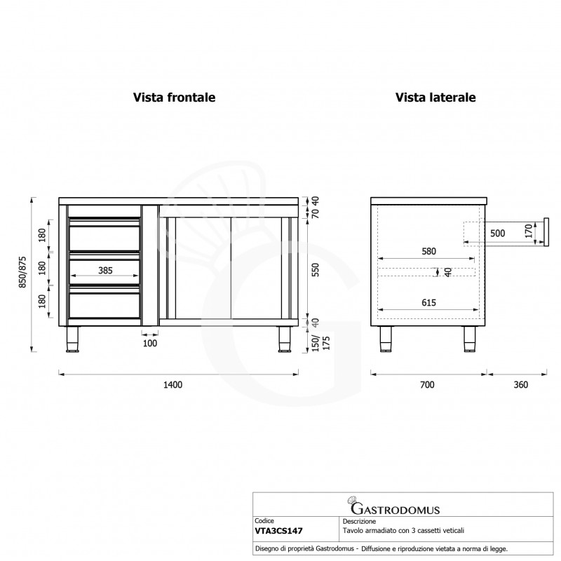 Tavolo armadiato,porte scorrevoli,3 cassetti a sinistra, L1400 x P700 x H850mm